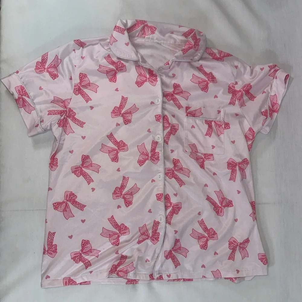 Pink Bow Ribbon Print Pajama Sleepwear Set Short Sleeve Top and Pants Size M